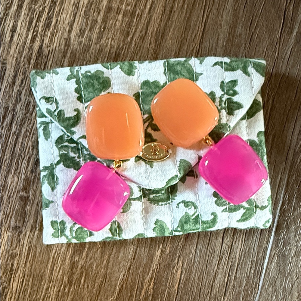 Sezane Green Floral Pouch with Sezane Orange and Pink Earrings